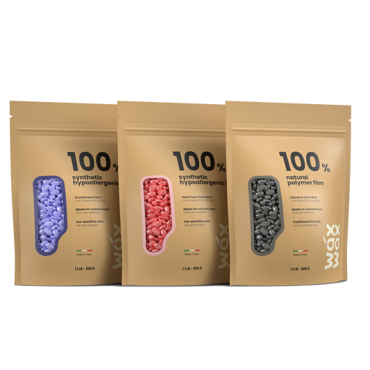 Hard wax trio: Orchid, Pink Pearl and Stardust 1.1 LB pouches side by side