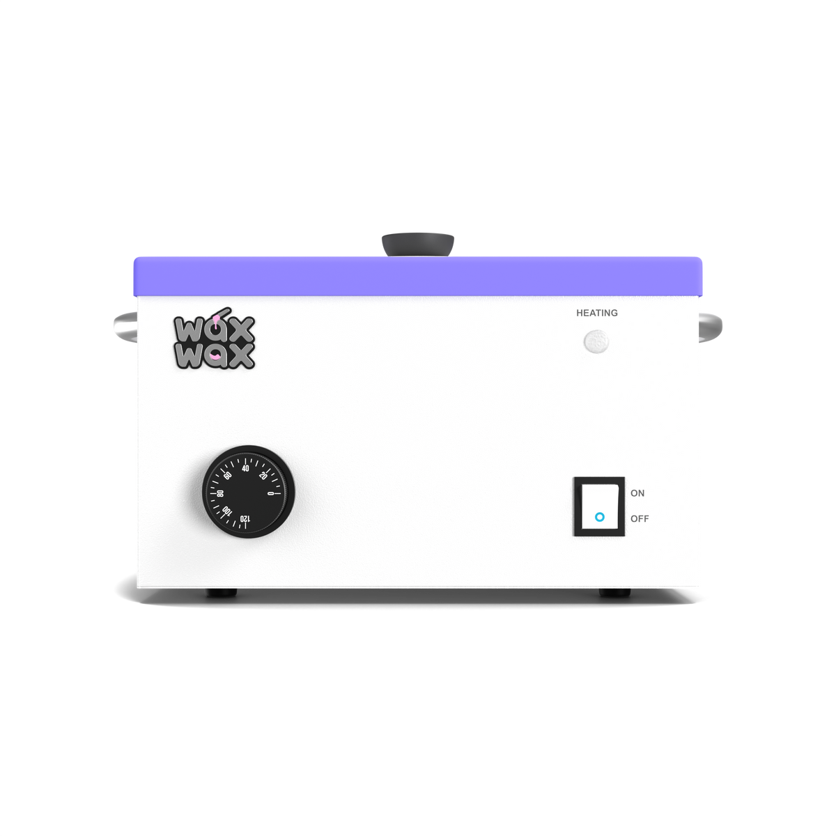 Matte white 10 LB wax warmer with purple insert, analog temperature dial and on off switch
