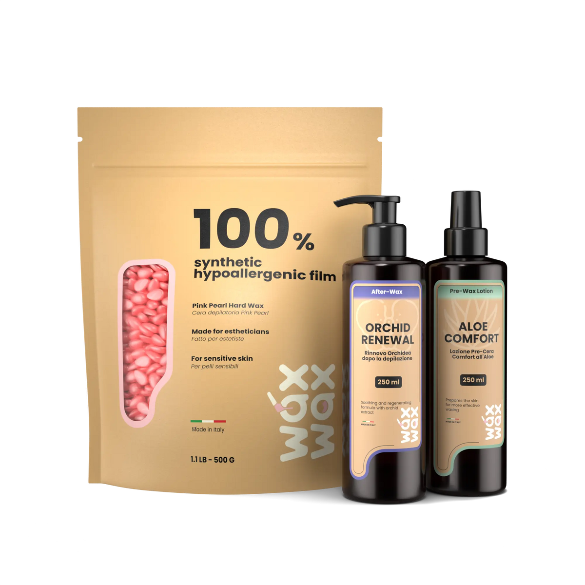 Beauty Essentials fragrance-free hard wax kit for sensitive skin with Pink Pearl wax and pre and post wax lotions