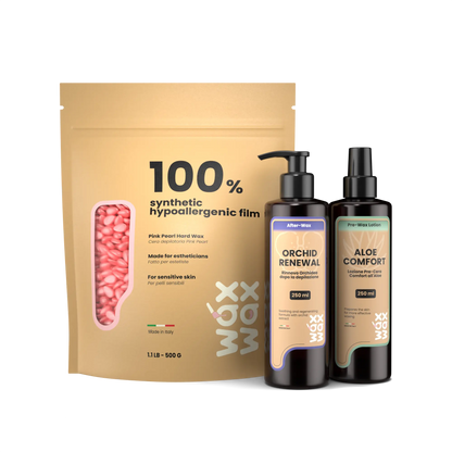 Beauty Essentials fragrance-free hard wax kit for sensitive skin with Pink Pearl wax and pre and post wax lotions