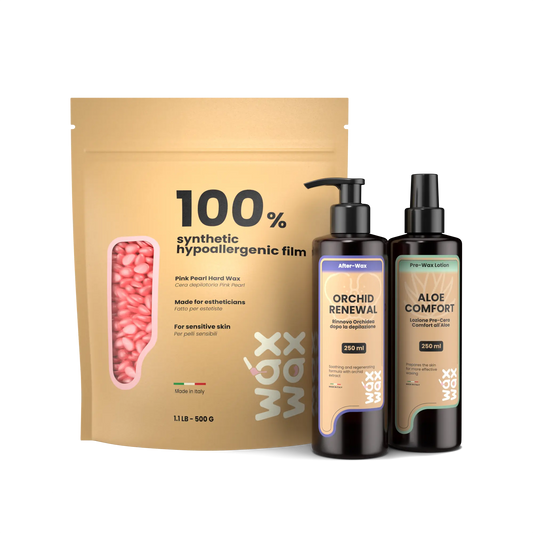 Beauty Essentials fragrance-free hard wax kit for sensitive skin with Pink Pearl wax and pre and post wax lotions