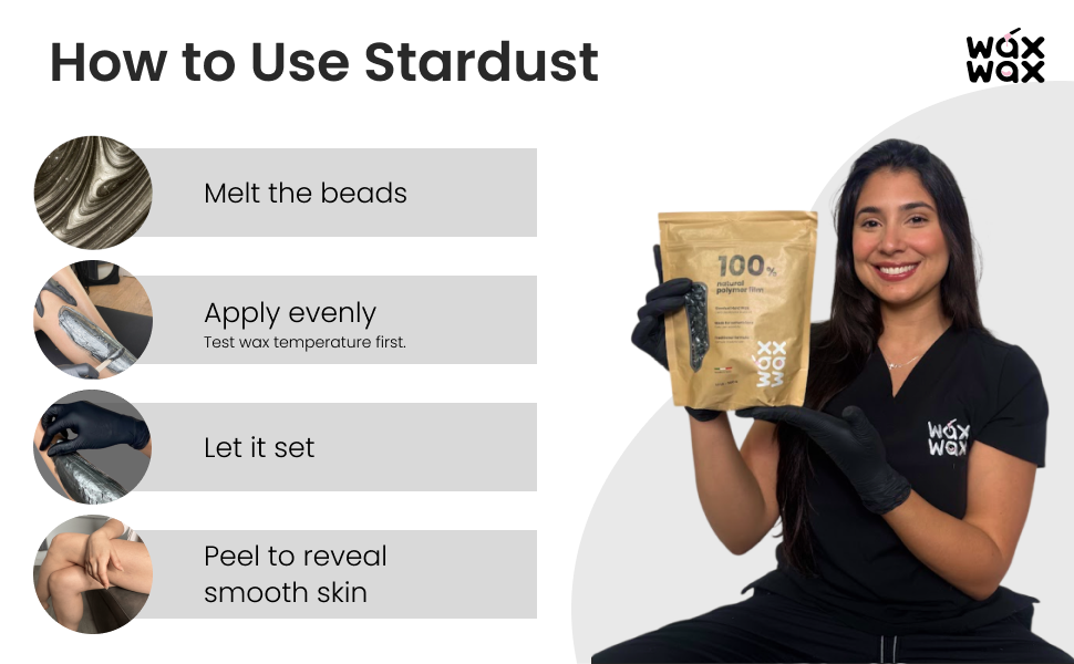 How to use the Grooming Pro Kit: melt the beads, apply evenly, let it set, peel to reveal smooth skin