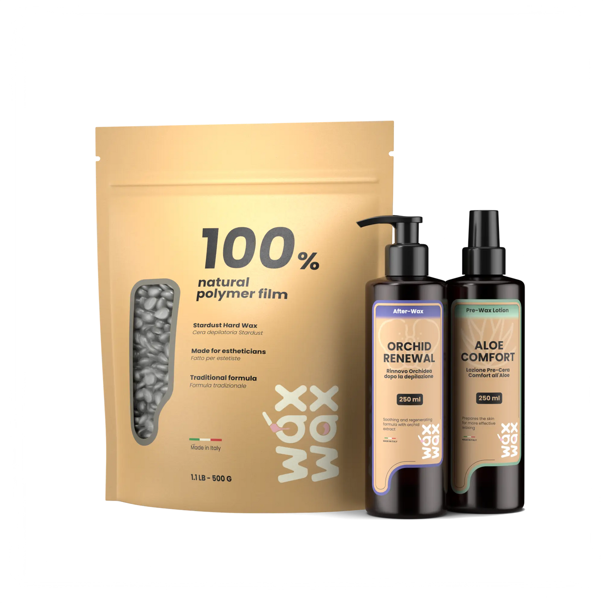 Black Label coarse hair wax kit with Stardust hard wax, Aloe Comfort pre-wax and Orchid Renewal after-wax