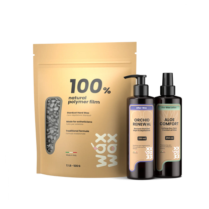 Black Label coarse hair wax kit with Stardust hard wax, Aloe Comfort pre-wax and Orchid Renewal after-wax