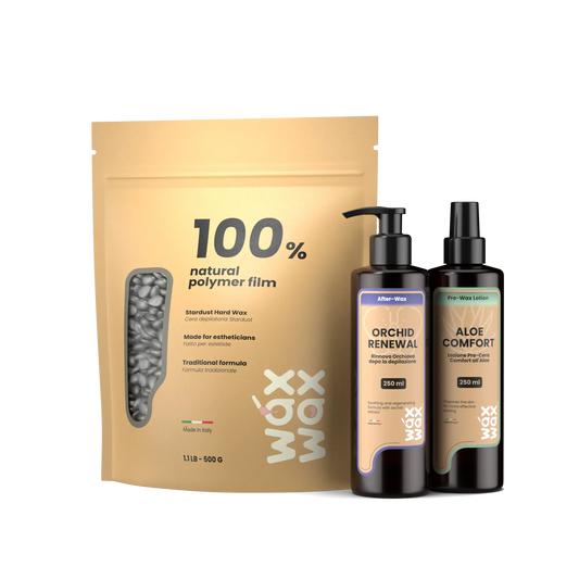 Black Label coarse hair wax kit with Stardust hard wax, Aloe Comfort pre-wax and Orchid Renewal after-wax