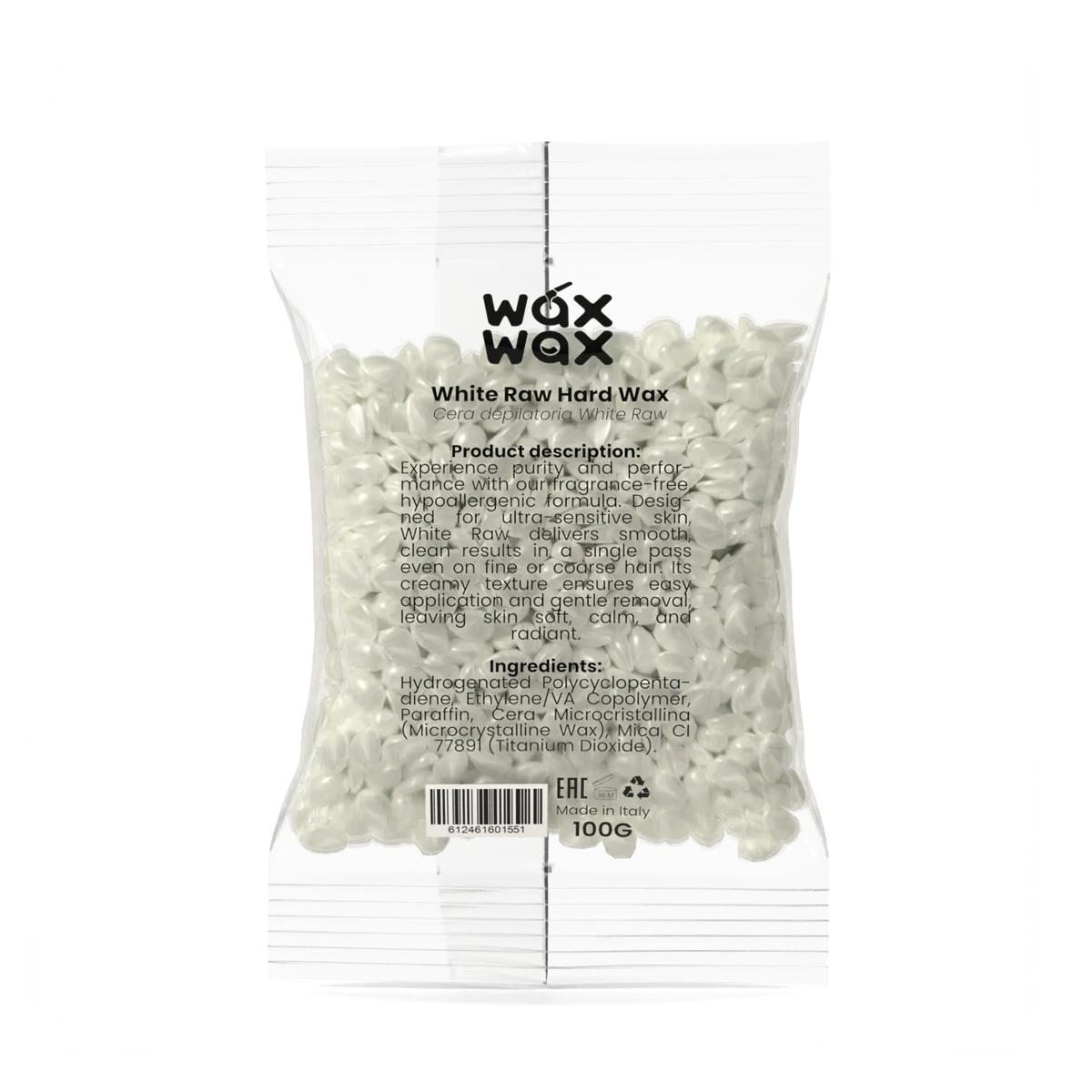White Raw fragrance-free hard wax 100 g sample pouch, back label