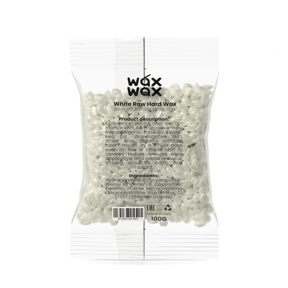 White Raw fragrance-free hard wax 100 g sample pouch, back label