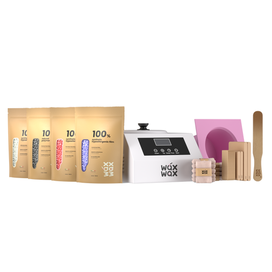 Esthetician starter waxing kit with 5 lb digital wax warmer, pink silicone insert, all four hard wax bead formulas, wax sticks, eyebrow sticks, 11 inch spatula and exfoliating gloves