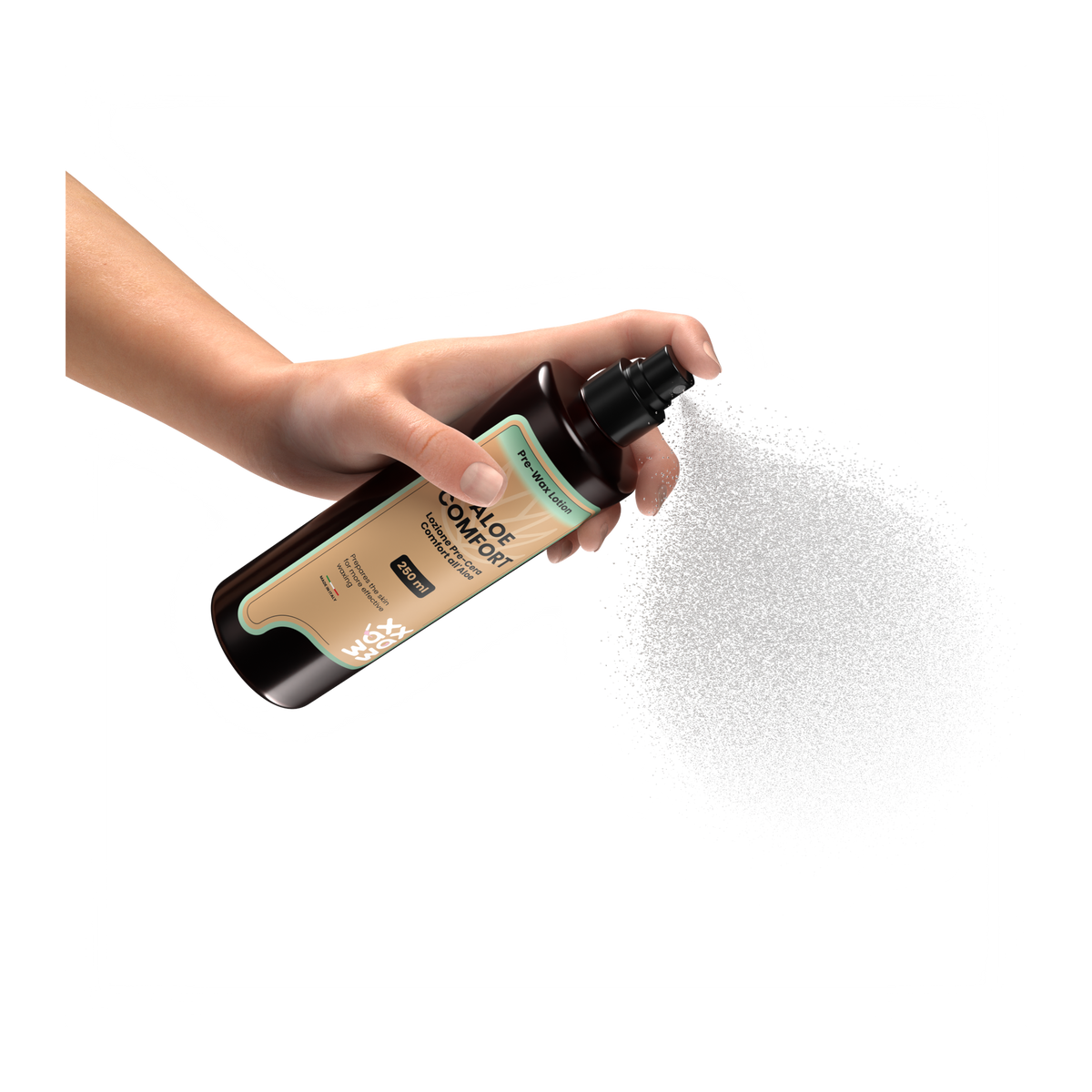 Esthetician hand spraying Aloe Comfort pre-wax lotion before waxing