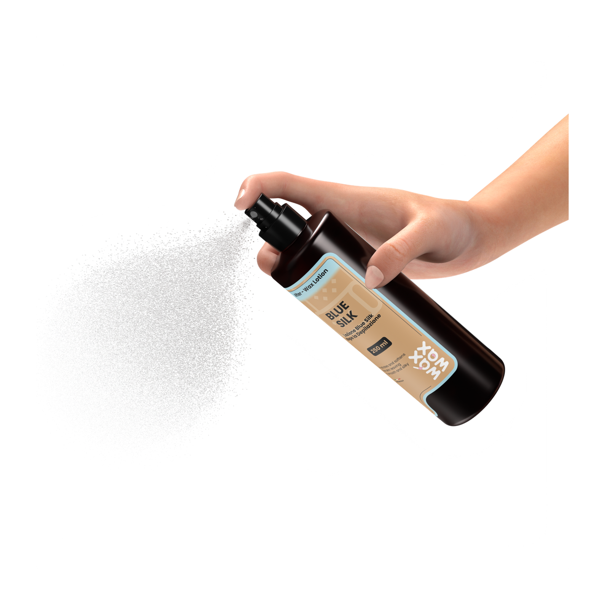 Esthetician hand spraying Blue Silk after-wax lotion after a waxing service