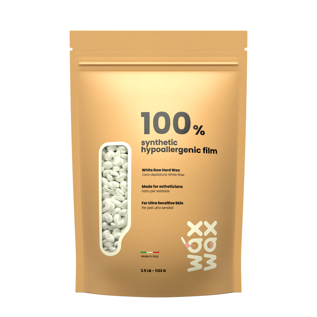 White Raw fragrance-free hard wax beads, 2.5 lb pouch included in the Super Heavy Duty Waxing Kit