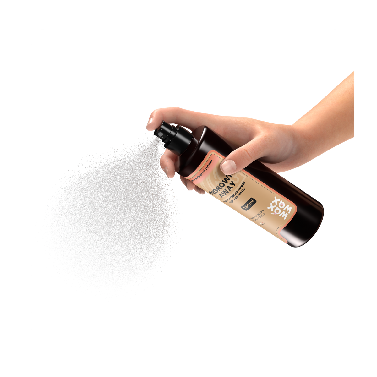 Esthetician hand spraying IngrownAway ingrown hair lotion after waxing