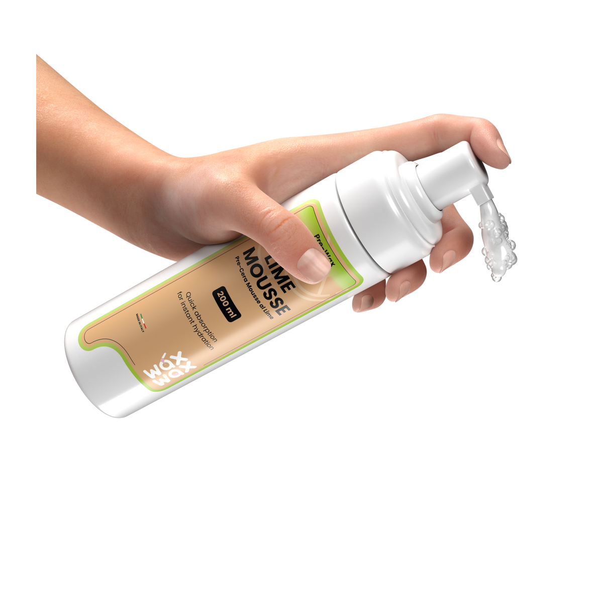 Esthetician hand dispensing Lime Mousse pre-wax cleanser before a waxing service