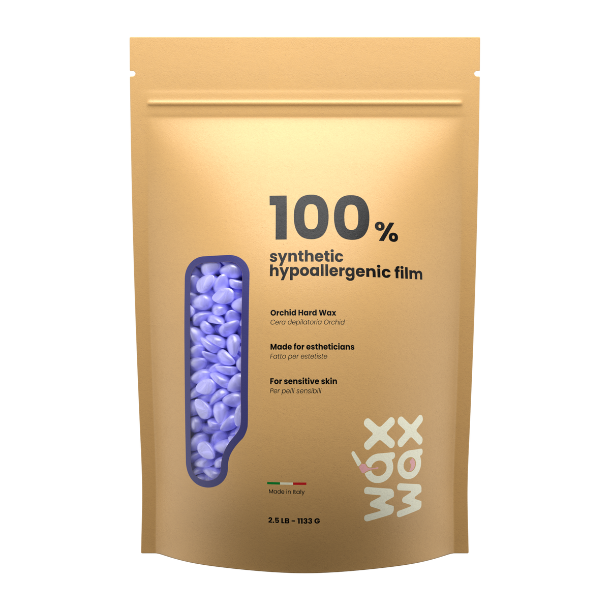 Orchid hypoallergenic hard wax beads pouch, included in the Super Heavy Duty Waxing Kit