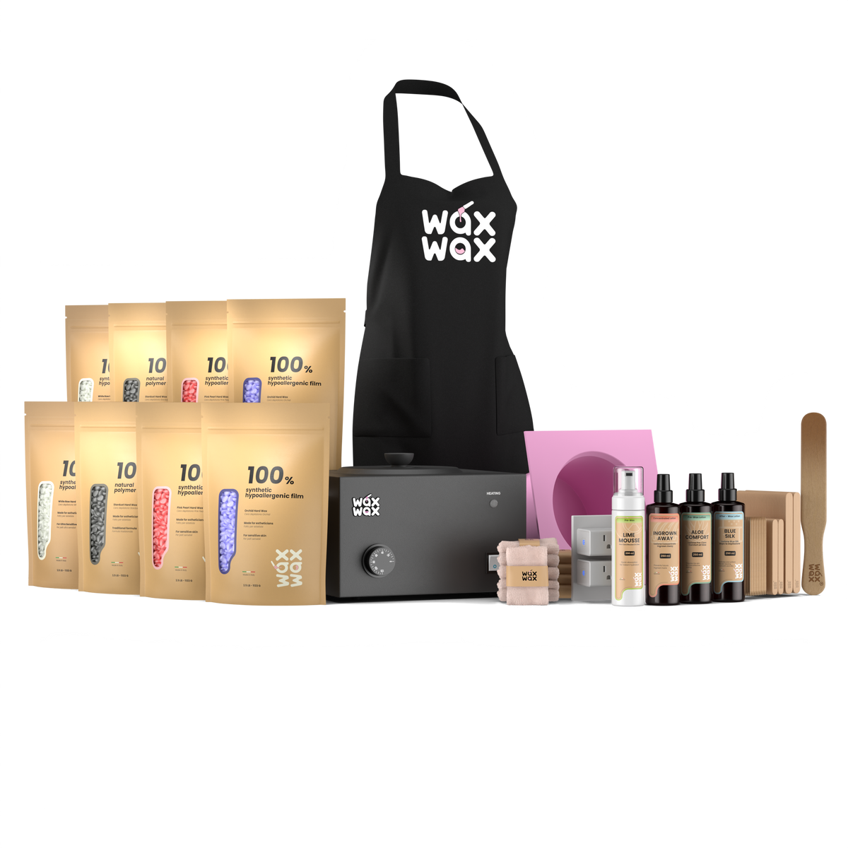 Heavy duty waxing kit with WiFi smart start, matte black 10 lb warmer and pink silicone insert, four hard wax formulas, lotions and apron