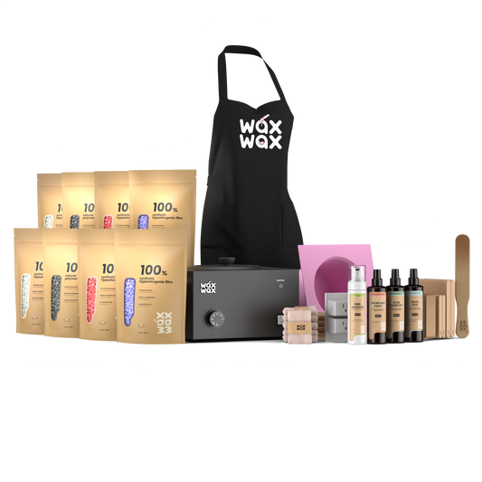 Heavy duty waxing kit with WiFi smart start, matte black 10 lb warmer and pink silicone insert, four hard wax formulas, lotions and apron