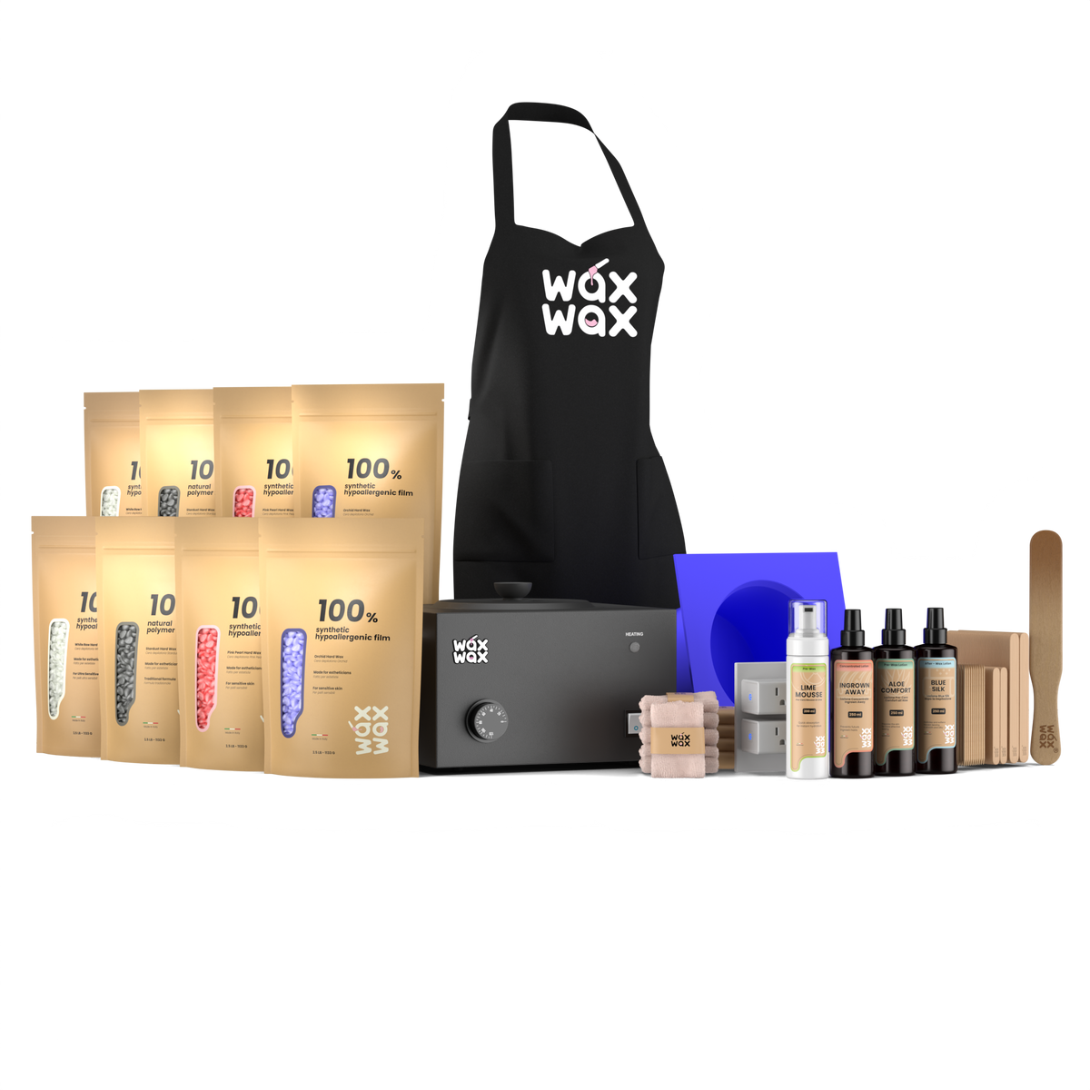 Heavy duty waxing kit with WiFi smart start, matte black 10 lb warmer and purple silicone insert, four hard wax formulas, lotions and apron