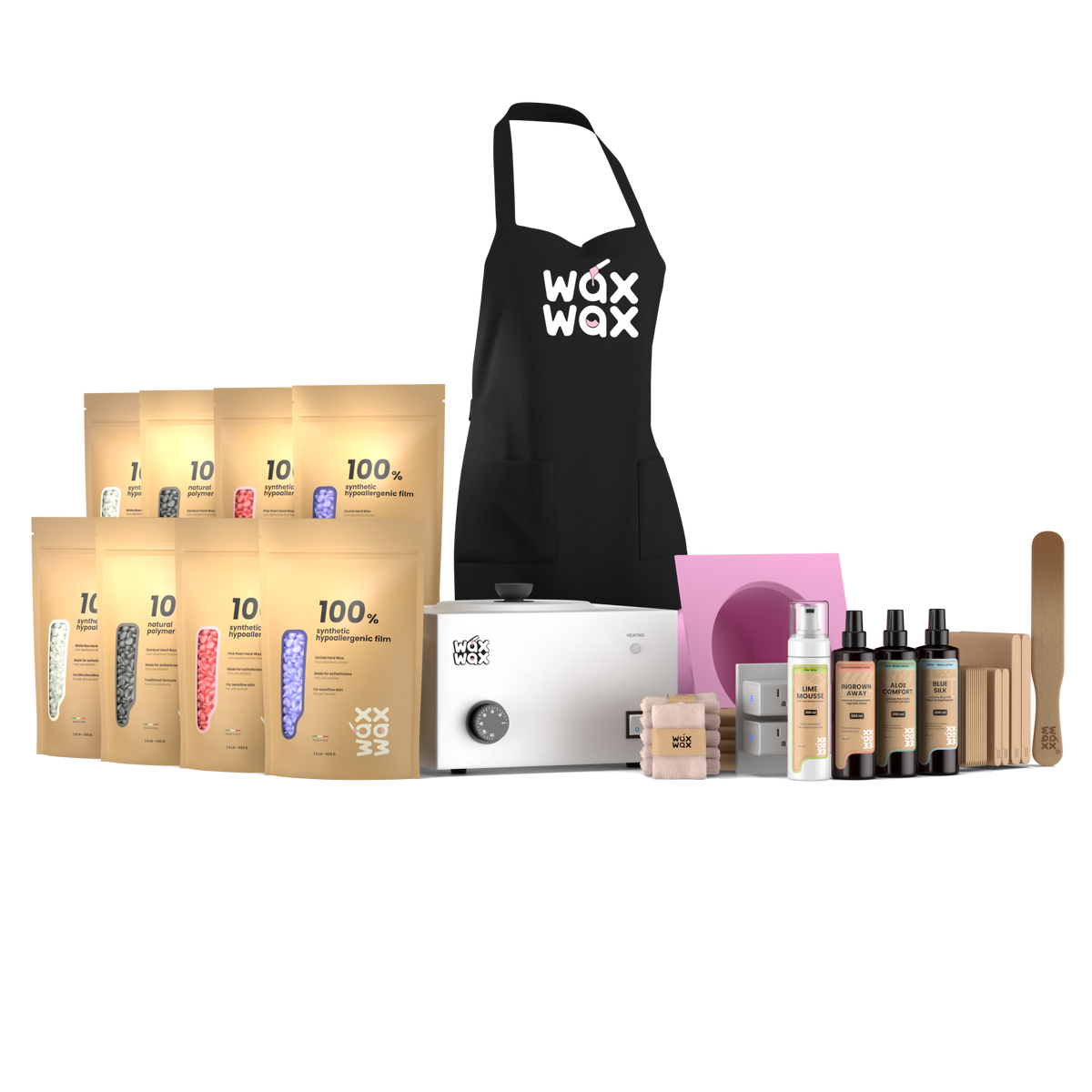 Heavy duty waxing kit with WiFi smart start, matte white 10 lb warmer and pink silicone insert, four hard wax formulas, lotions and apron