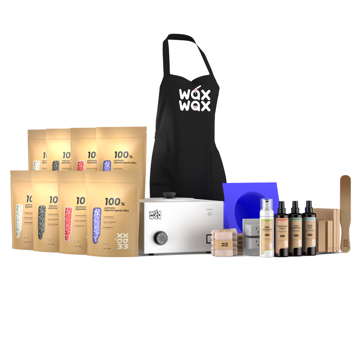 Heavy duty waxing kit with WiFi smart start, matte white 10 lb warmer and purple silicone insert, four hard wax formulas, lotions and apron
