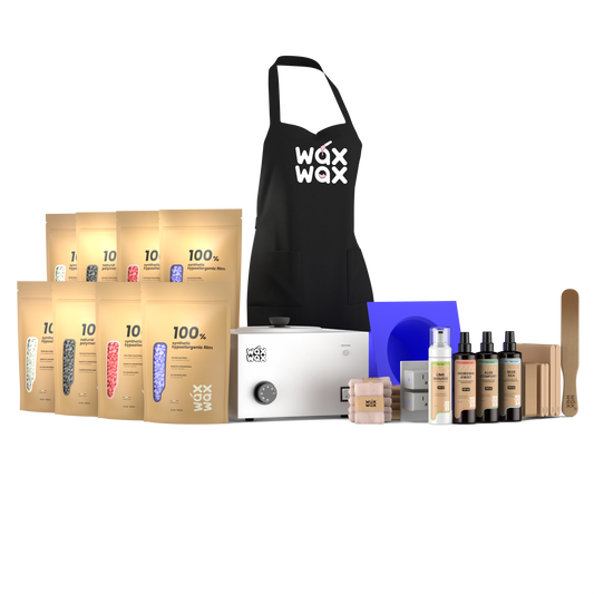 Heavy duty waxing kit with WiFi smart start, matte white 10 lb warmer and purple silicone insert, four hard wax formulas, lotions and apron