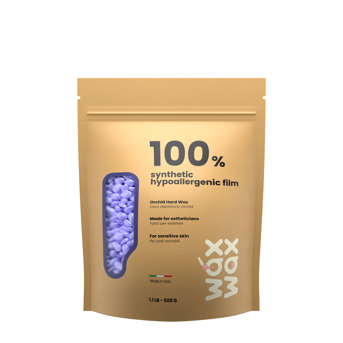 Orchid hypoallergenic hard wax beads, 1.1 lb pouch included in the Portable Waxing Kit