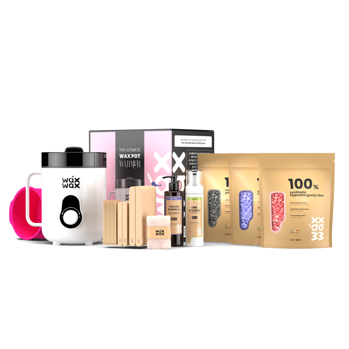 Portable waxing kit with mini wax warmer, Pink Pearl, Orchid and Stardust hard wax beads, pre and post wax care and wooden applicators