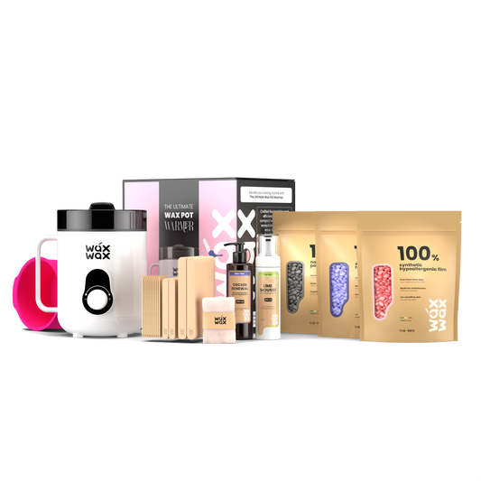 Portable waxing kit with mini wax warmer, Pink Pearl, Orchid and Stardust hard wax beads, pre and post wax care and wooden applicators